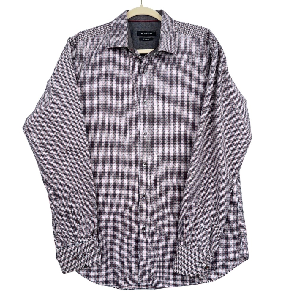 Bugatchi Shaped Fit Mens Medium 100%‎ Cotton Micro-Check Shirt Red Navy
